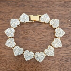 Goldtone Pave Heart Link Bracelet 9"